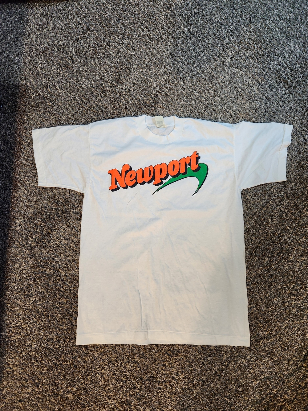 New Vintage Screen Stars White Tee with Orange Newport Script and Green Swoosh